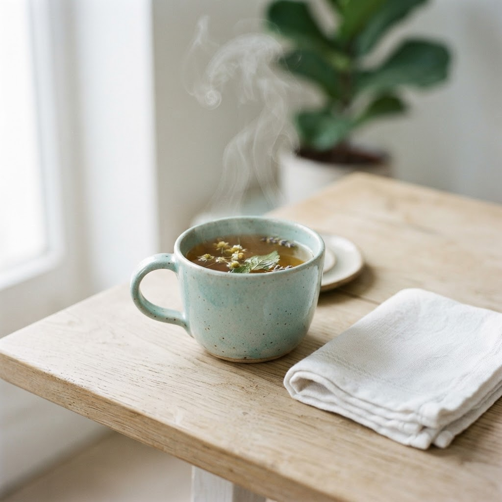 木のテーブルに置かれた温かいお茶とたたんだタオル