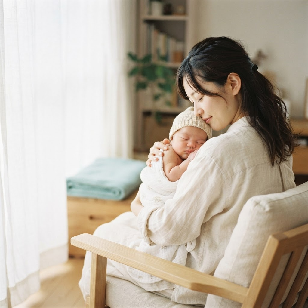 窓辺の椅子で、眠る赤ちゃんをそっと抱いているお母さん