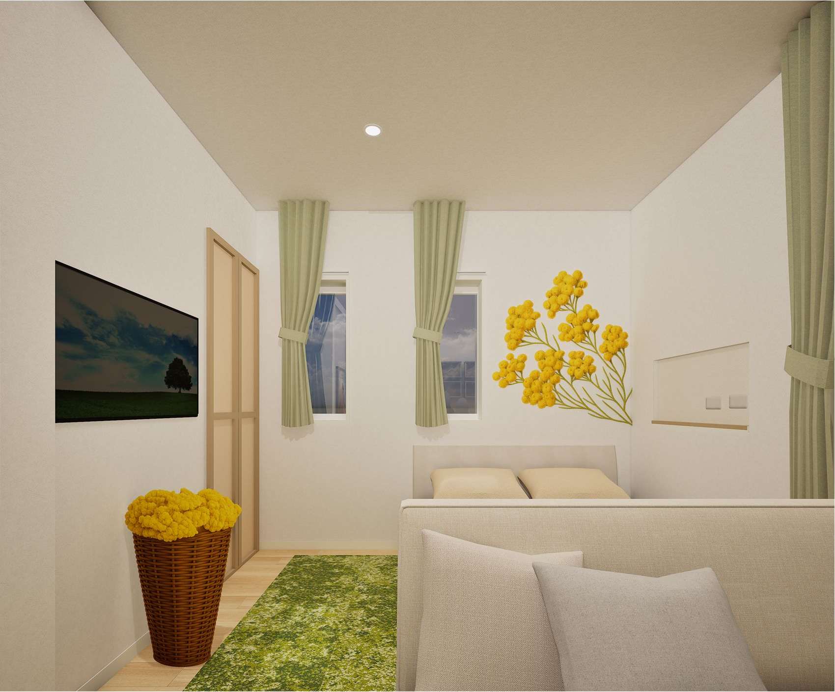 イモーテルの花をあしらった壁と、グリーンのラグのあるお部屋